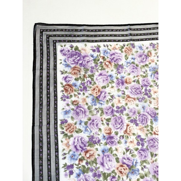 YSL Yves Saint Laurent Scarf Purple Floral w/ Black Striped Border Vintage - Picture 5 of 9